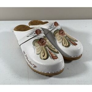 SKANE TOFFELN Sweden Floral Painted Leather Wood Clogs Shoes Womens Size 41